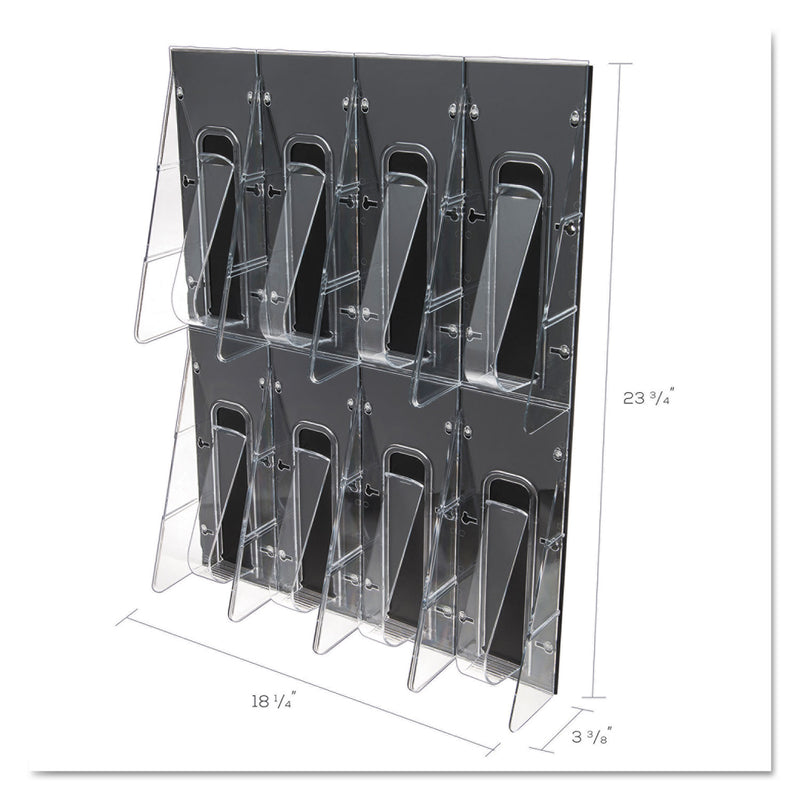 deflecto Stand-Tall 8-Bin Wall-Mount Literature Rack, Leaflet, 18.25w x 3.38d x 23.75h, Clear/Black