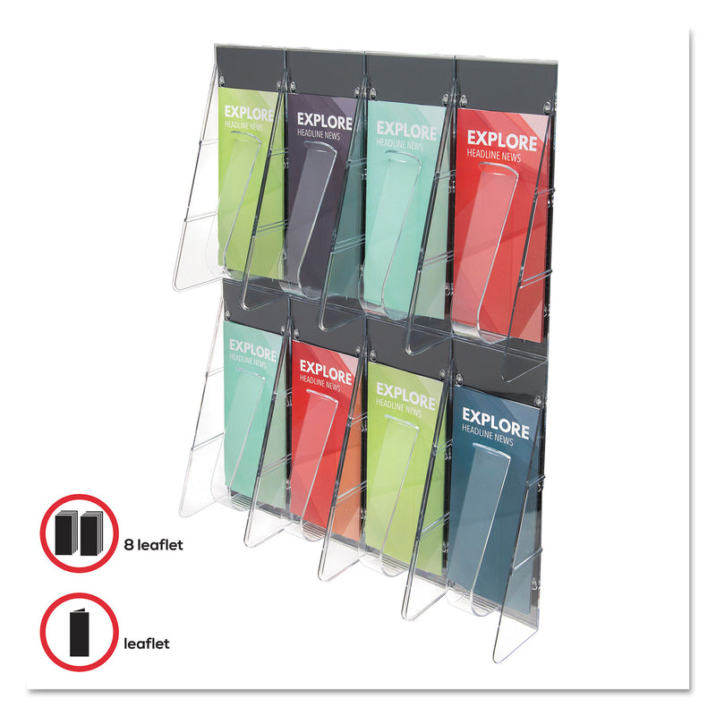 deflecto Stand-Tall 8-Bin Wall-Mount Literature Rack, Leaflet, 18.25w x 3.38d x 23.75h, Clear/Black