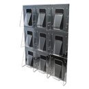 deflecto Stand-Tall 9-Bin Wall-Mount Literature Rack, Mag, 27.5w x 3.38d x 35.63h, Clear/Black