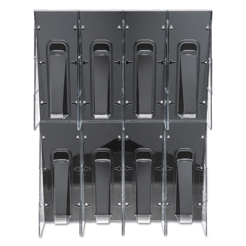 deflecto Stand-Tall 8-Bin Wall-Mount Literature Rack, Leaflet, 18.25w x 3.38d x 23.75h, Clear/Black