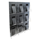 deflecto Stand-Tall 9-Bin Wall-Mount Literature Rack, Mag, 27.5w x 3.38d x 35.63h, Clear/Black