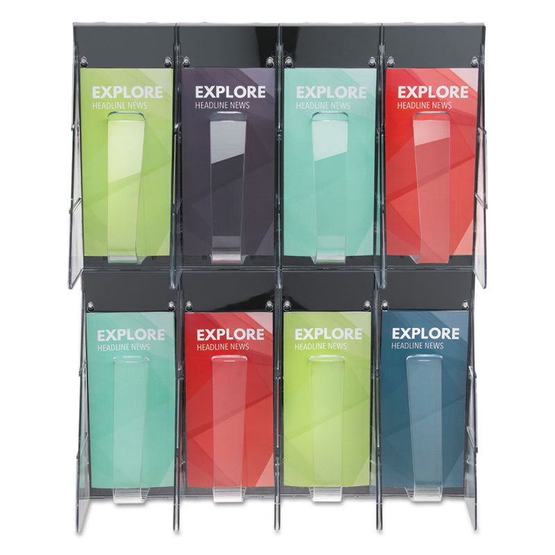 deflecto Stand-Tall 8-Bin Wall-Mount Literature Rack, Leaflet, 18.25w x 3.38d x 23.75h, Clear/Black
