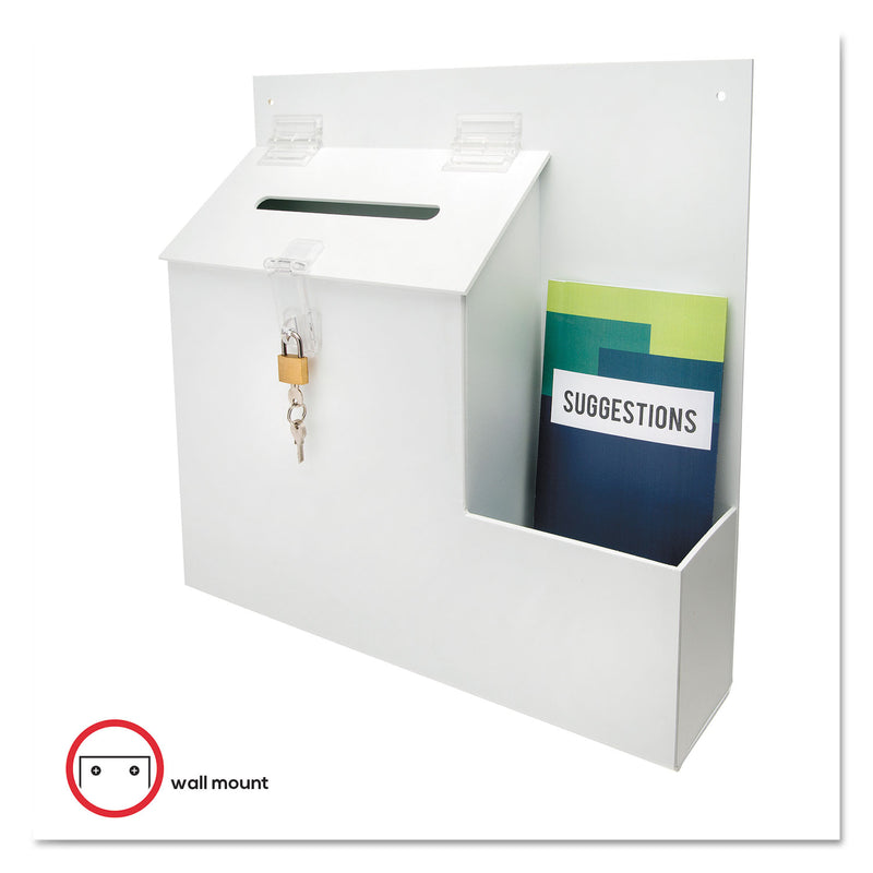 deflecto Suggestion Box Literature Holder with Locking Top, 13.75 x 3.63 x 13.94, Plastic, White