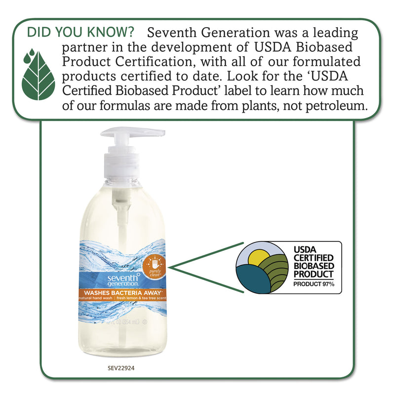 Seventh Generation Natural Hand Wash, Purely Clean, Fresh Lemon and Tea Tree, 12 oz Pump Bottle, 8/Carton
