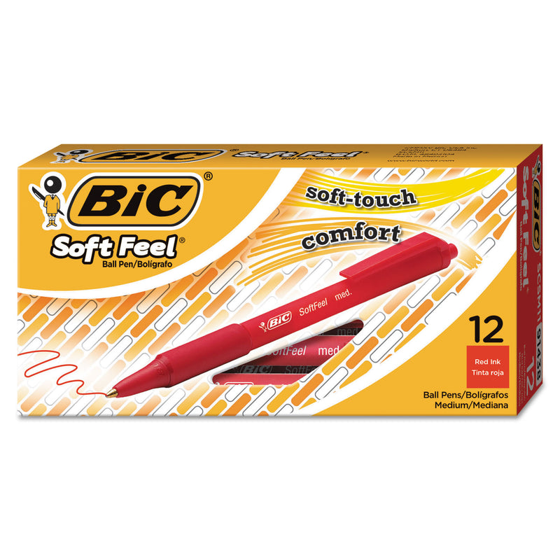 BIC Soft Feel Ballpoint Pen, Retractable, Medium 1 mm, Red Ink, Red Barrel, Dozen