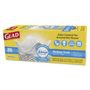 Glad OdorShield Medium Quick-Tie Trash Bags, 8 gal, 0.57 mil, 21.63" x 23", White, 26/Box