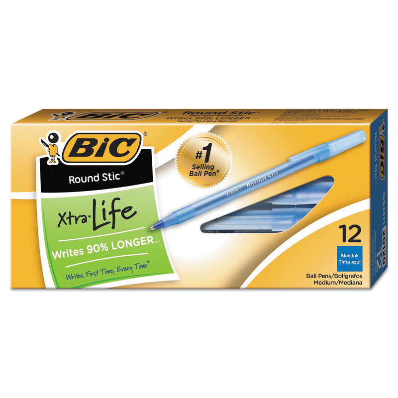 BIC Round Stic Xtra Life Ballpoint Pen, Stick, Medium 1 mm, Blue Ink, Translucent Blue Barrel, Dozen
