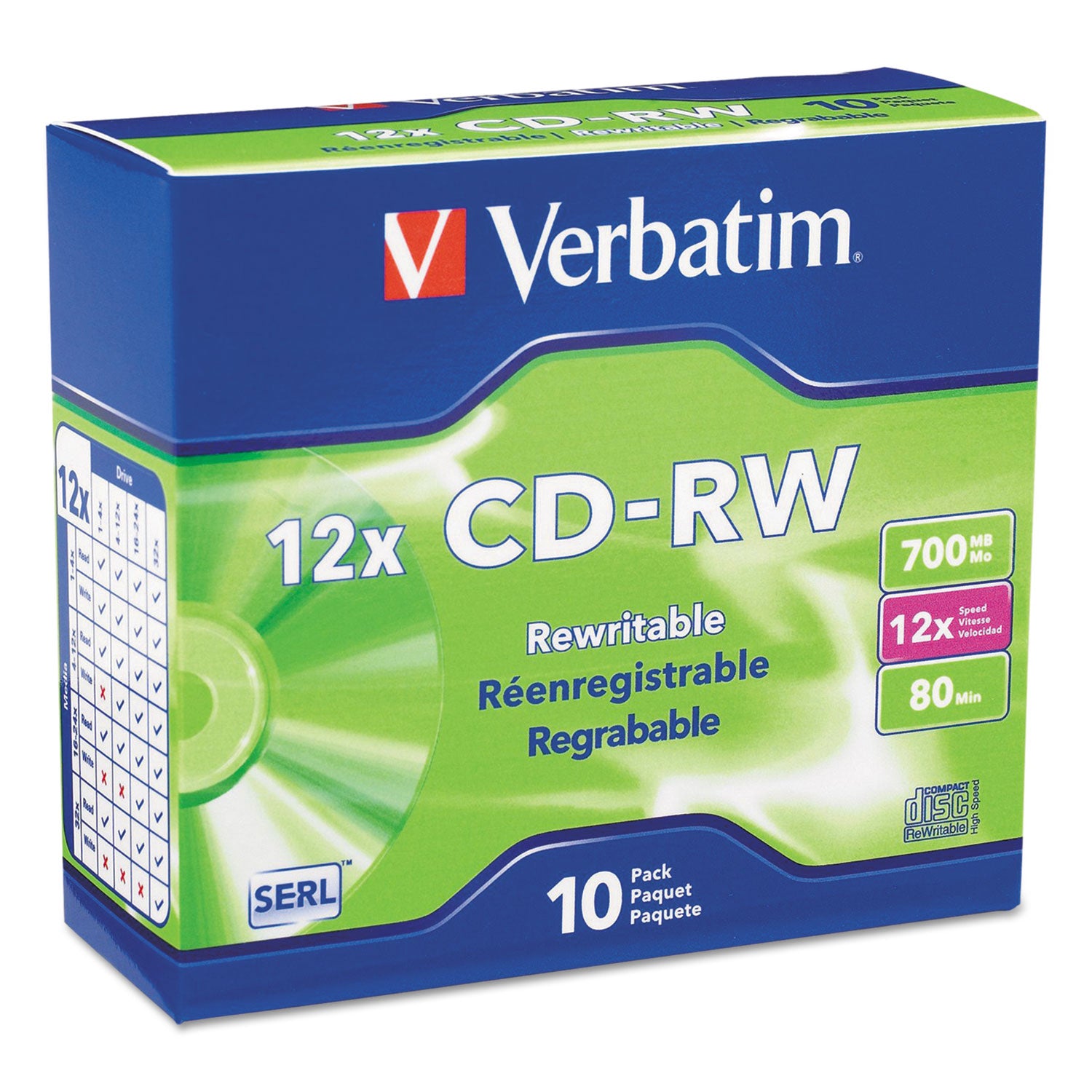 CD-RW High-Speed Rewritable Disc, 700 MB/80 min, 12x, Slim Jewel Case ...
