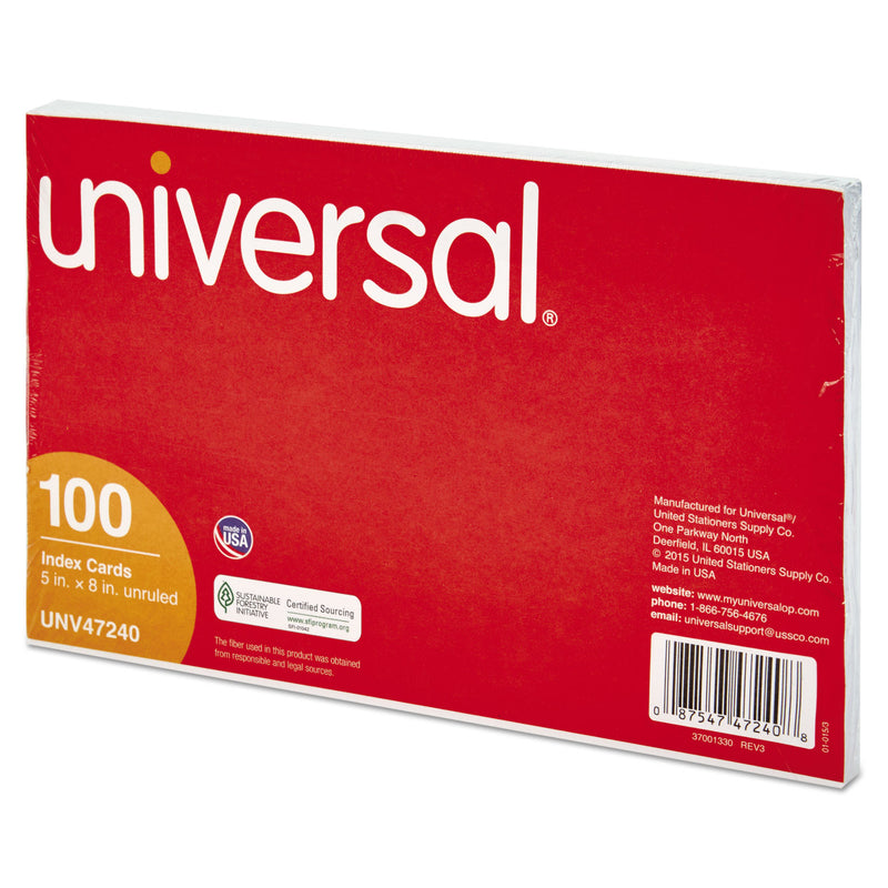 Universal Unruled Index Cards, 5 x 8, White, 100/Pack