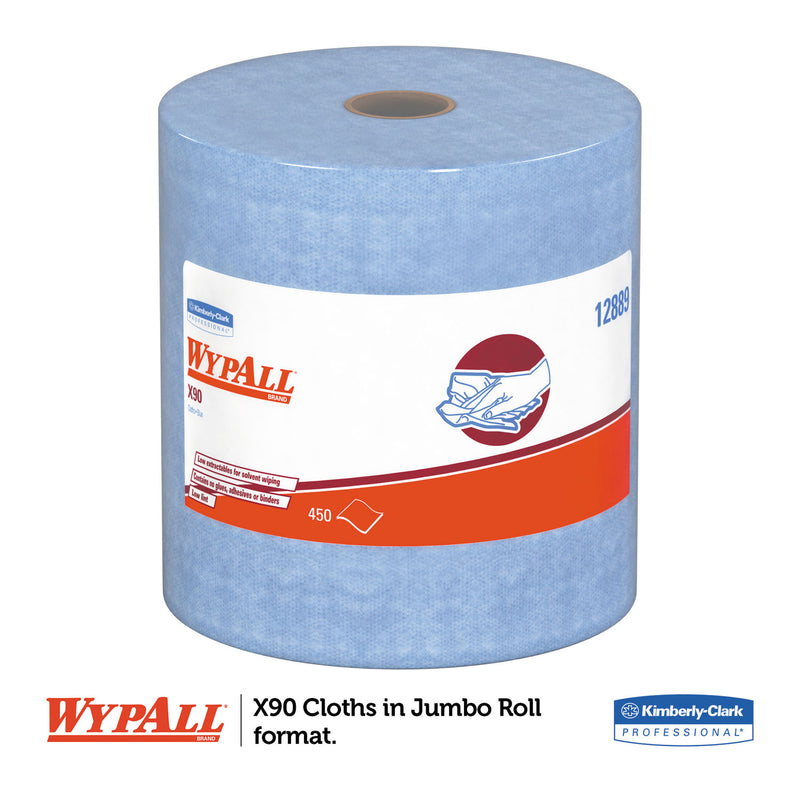 WypAll X90 Cloths, Jumbo Roll, 2-Ply, 11.1 x 13.4, Denim Blue, 450/Roll