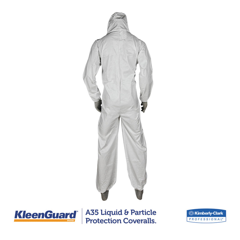KleenGuard A35 Liquid and Particle Protection Coveralls, Zipper Front, Hooded, Elastic Wrists and Ankles, Large, White, 25/Carton