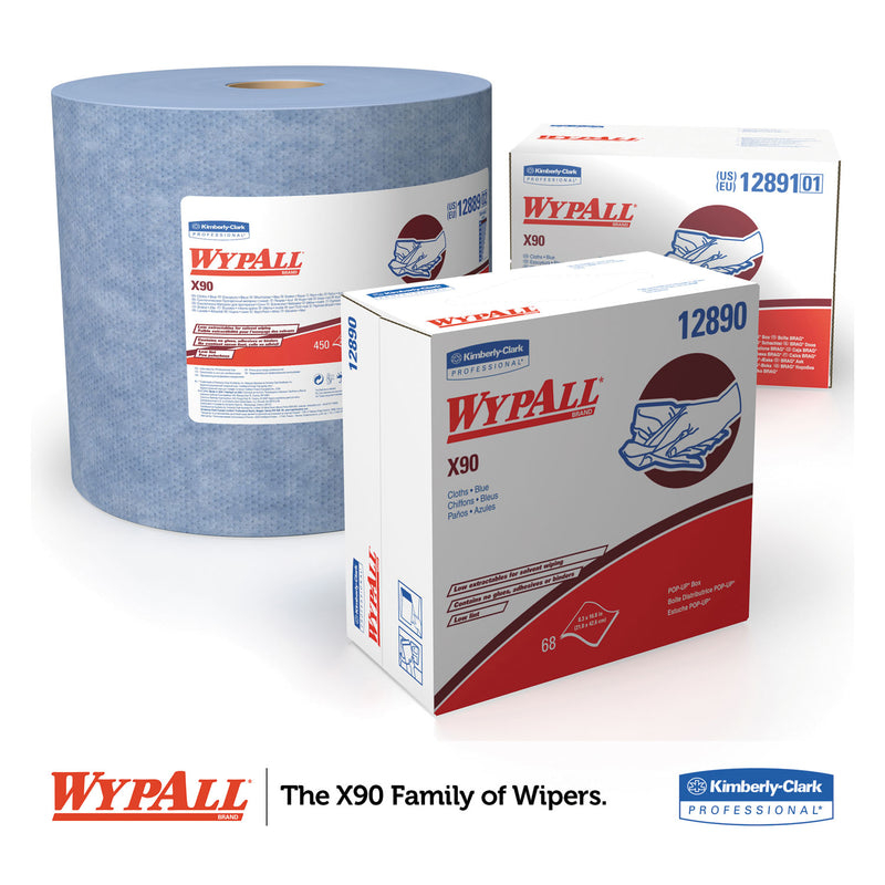 WypAll X90 Cloths, POP-UP Box, 2-Ply, 8.3 x 16.8, Denim Blue, 68/Box, 5 Boxes/Carton