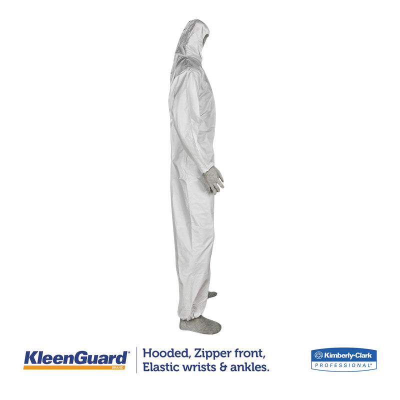 KleenGuard A35 Liquid and Particle Protection Coveralls, Zipper Front, Hooded, Elastic Wrists and Ankles, Large, White, 25/Carton