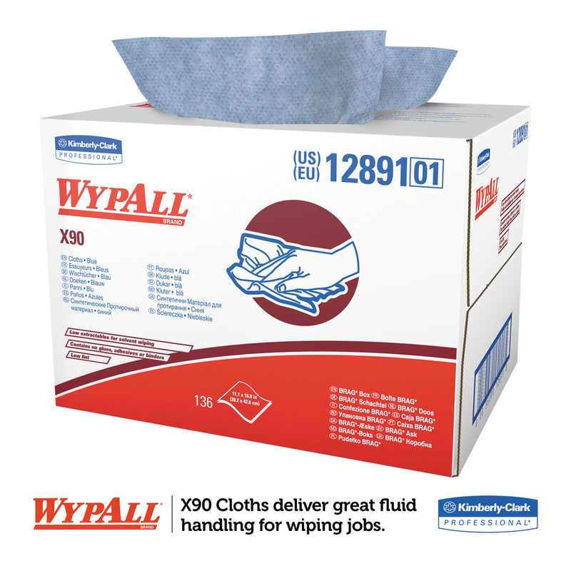 WypAll X90 Cloths, BRAG Box, 2-Ply, 11.1 x 16.8, Denim Blue, 136/Carton