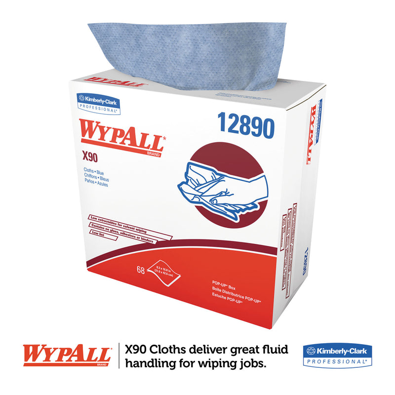 WypAll X90 Cloths, POP-UP Box, 2-Ply, 8.3 x 16.8, Denim Blue, 68/Box, 5 Boxes/Carton