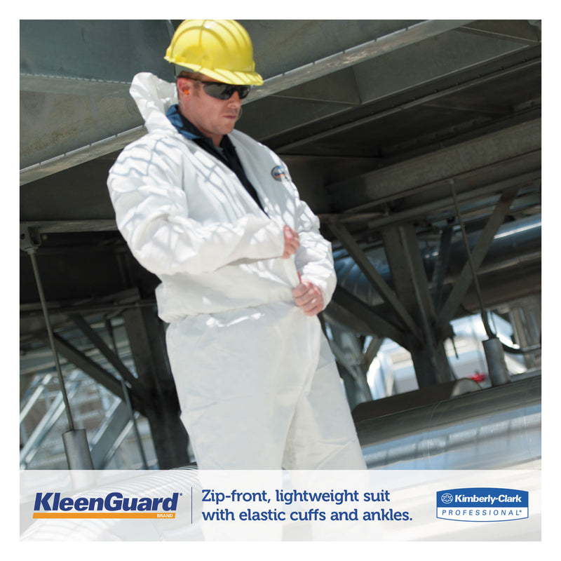KleenGuard A35 Liquid and Particle Protection Coveralls, Zipper Front, Hooded, Elastic Wrists and Ankles, Large, White, 25/Carton
