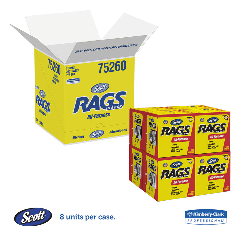 Scott Rags in a Box, POP-UP Box, 10 x 12, White, 200/Box, 8 Boxes/Carton