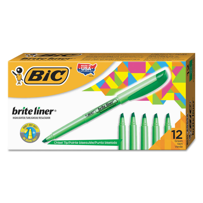 BIC Brite Liner Highlighter, Fluorescent Green Ink, Chisel Tip, Green/Black Barrel, Dozen
