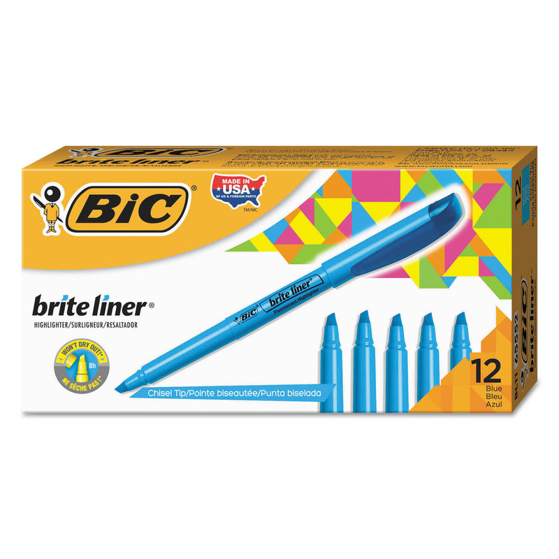 BIC Brite Liner Highlighter, Fluorescent Blue Ink, Chisel Tip, Blue/Black Barrel, Dozen