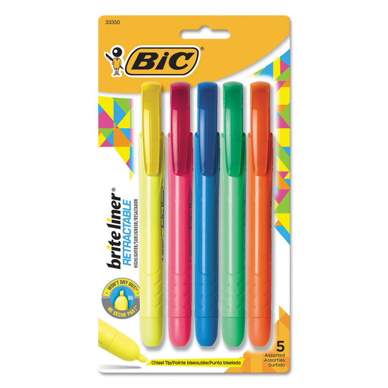 BIC Brite Liner Retractable Highlighter, Assorted Ink Colors, Chisel Tip, Assorted Barrel Colors, 5/Set