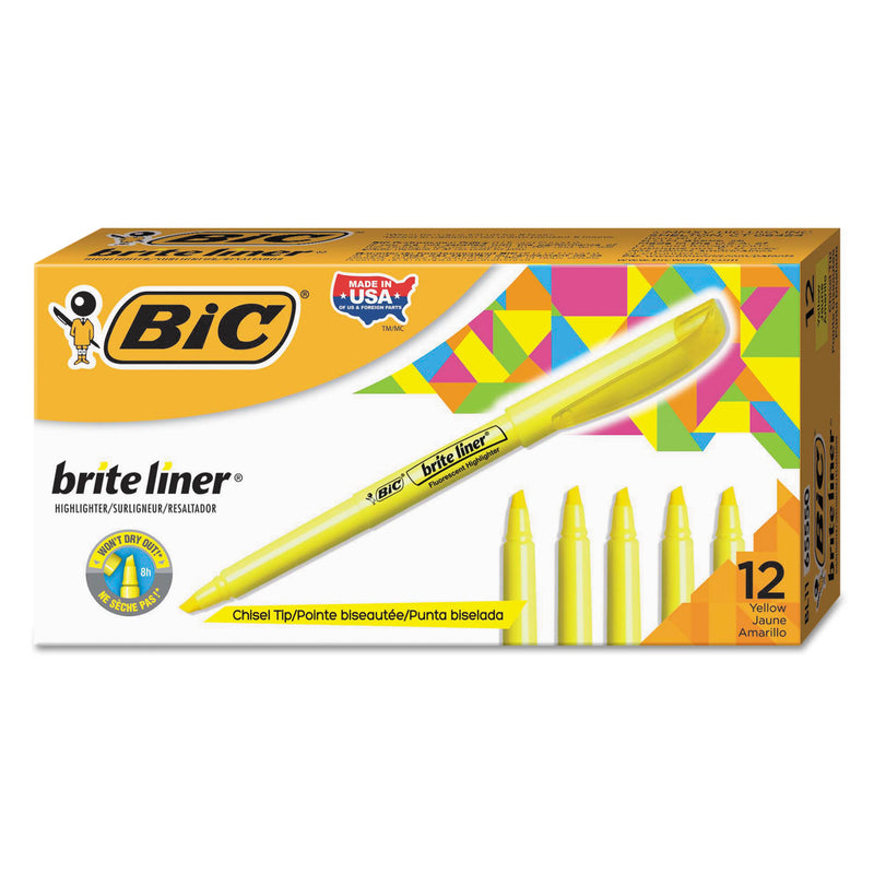 BIC Brite Liner Highlighter, Fluorescent Yellow Ink, Chisel Tip, Yellow/Black Barrel, Dozen