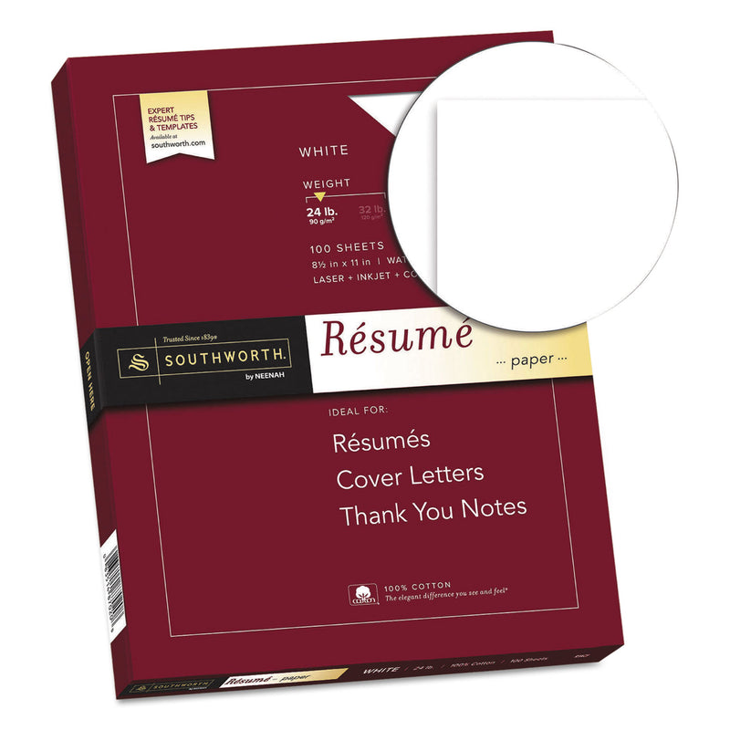Southworth 100% Cotton Resume Paper, 95 Bright, 24 lb Bond Weight, 8.5 x 11, White, 100/Pack