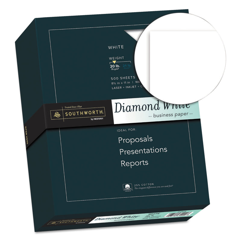 Southworth 25% Cotton Diamond White Business Paper, 95 Bright, 20 lb Bond Weight, 8.5 x 11, 500/Ream