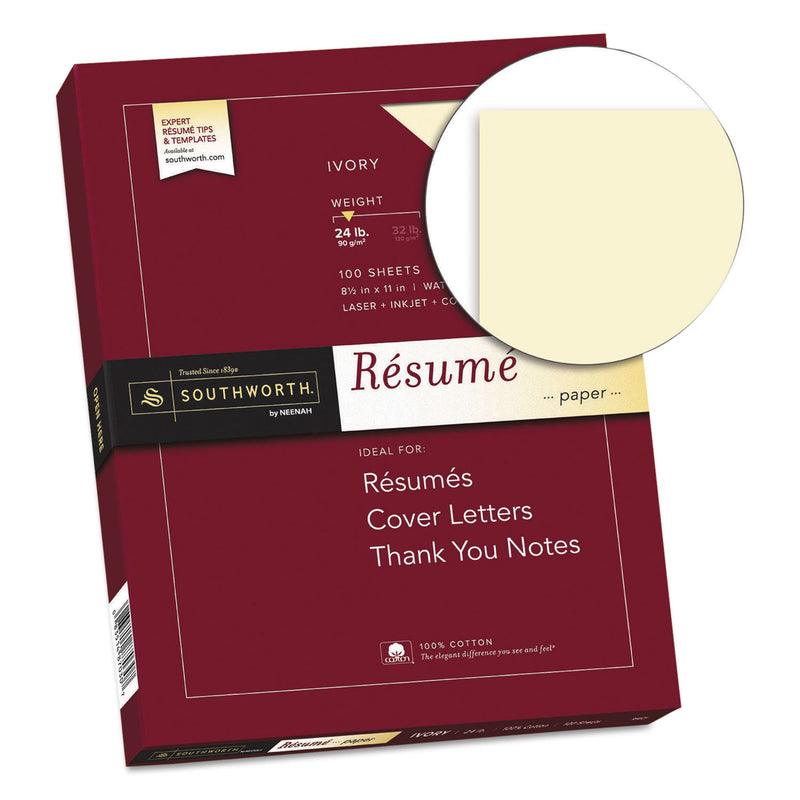 Southworth 100% Cotton Resume Paper, 24 lb Bond Weight, 8.5 x 11, Ivory, 100/Pack