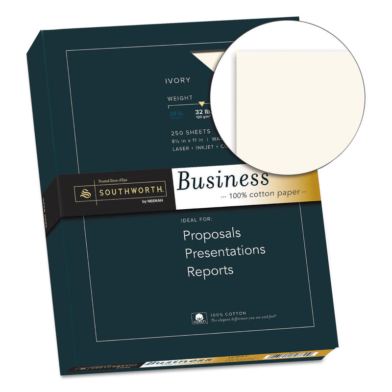 Southworth 100% Cotton Business Paper, 32 lb Bond Weight, 8.5 x 11, Ivory, 250/Pack