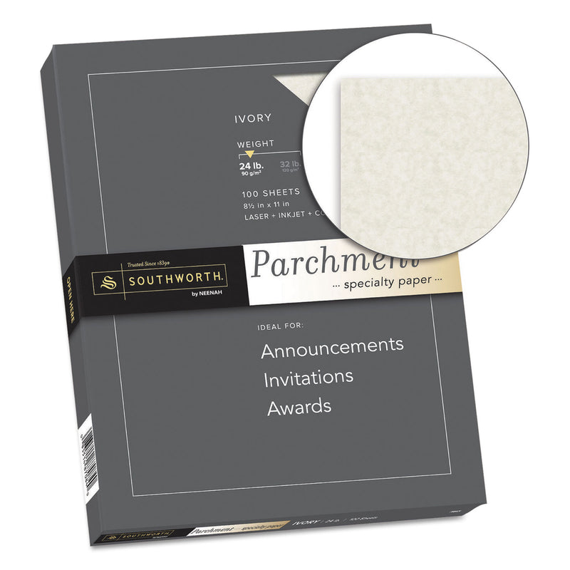 Southworth Parchment Specialty Paper, 24 lb Bond Weight, 8.5 x 11, Ivory, 100/Pack