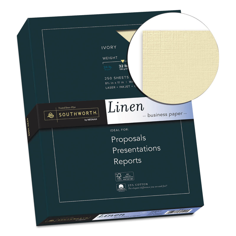 Southworth 25% Cotton Linen Business Paper, 32 lb Bond Weight, 8.5 x 11, Ivory, 250/Pack