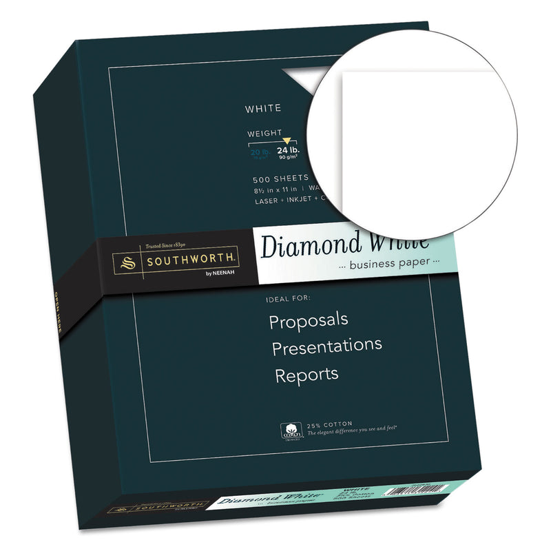 Southworth 25% Cotton Diamond White Business Paper, 95 Bright, 24 lb Bond Weight, 8.5 x 11, 500/Ream