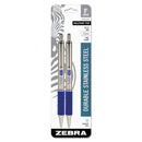 Zebra F-402 Ballpoint Pen, Retractable, Fine 0.7 mm, Blue Ink, Stainless Steel/Blue Barrel, 2/Pack