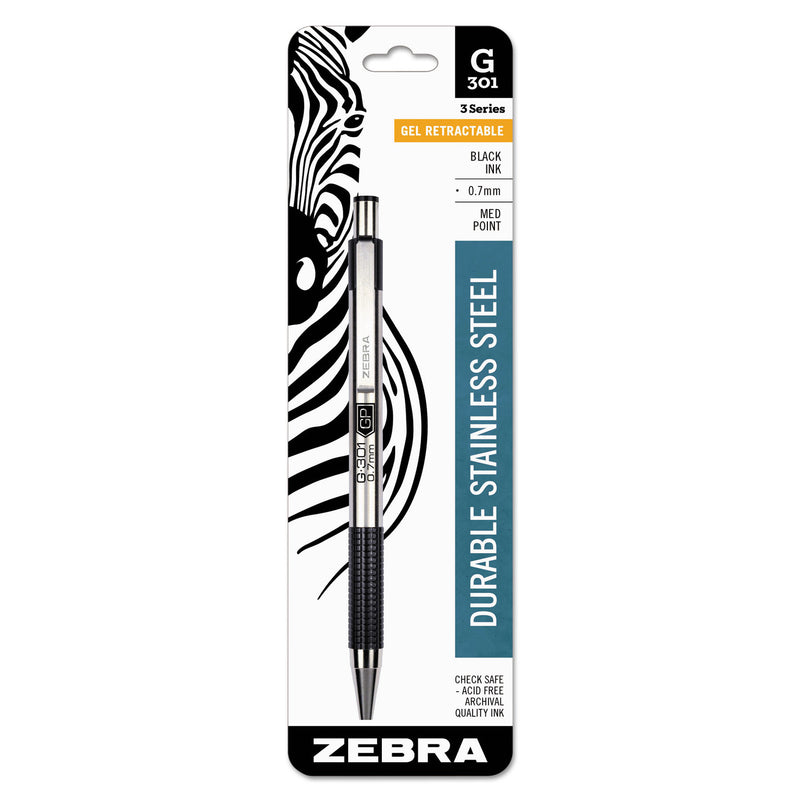 Zebra G-301 Gel Pen, Retractable, Medium 0.7 mm, Black Ink, Stainless Steel/Black Barrel