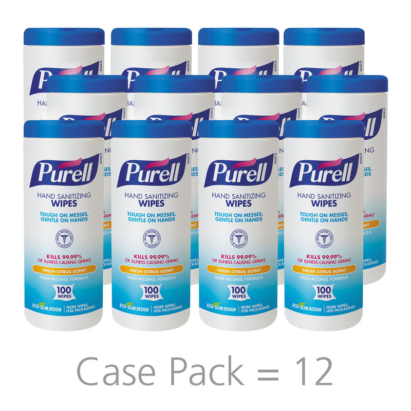 PURELL Premoistened Hand Sanitizing Wipes, 5.78 x 7, 100/Canister, 12 Canisters/Carton