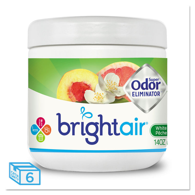 BRIGHT Air Super Odor Eliminator, White Peach and Citrus, 14 oz Jar, 6/Carton
