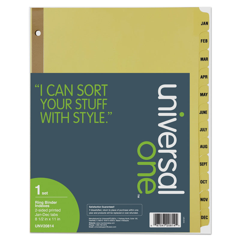 Universal Deluxe Preprinted Plastic Coated Tab Dividers with Black Printing, 12-Tab, Jan. to Dec., 11 x 8.5, Buff, 1 Set