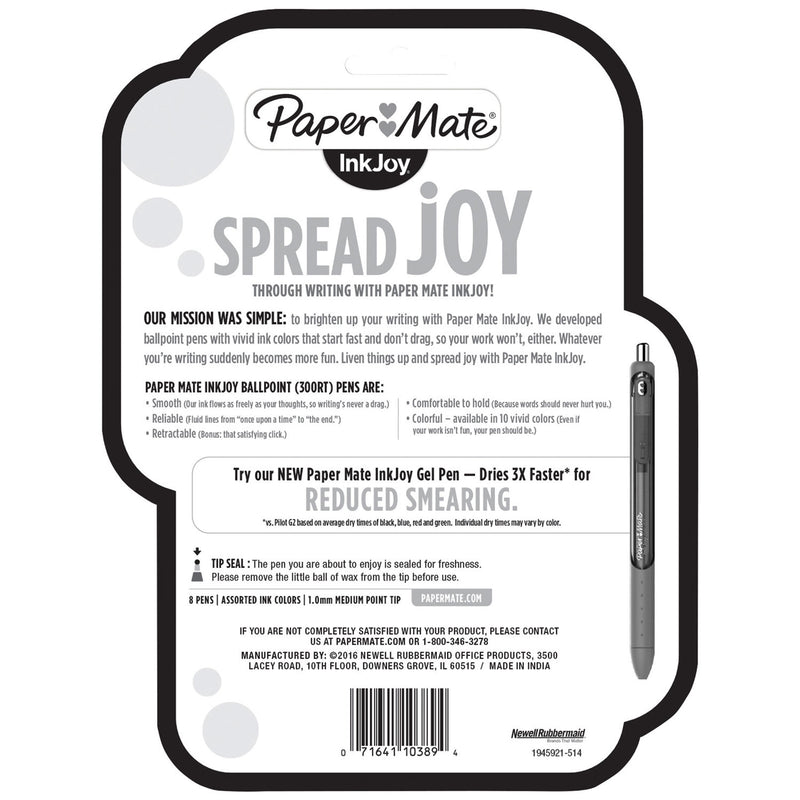 Paper Mate InkJoy 300 RT Ballpoint Pen Retractable, Medium 1 mm, Assorted Ink and Barrel Colors, 8/Pack