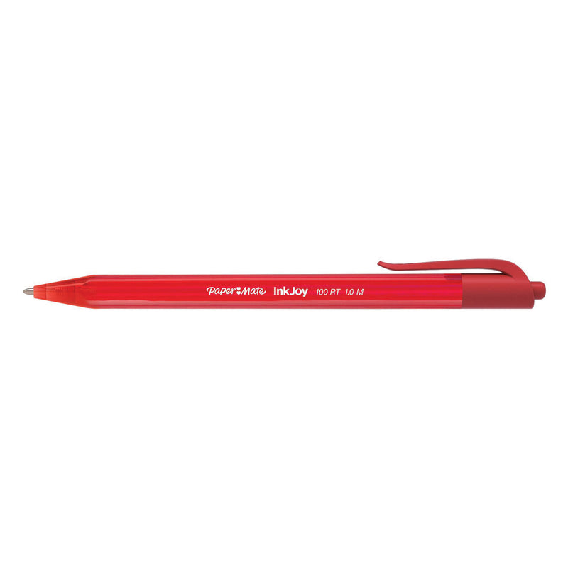 Paper Mate InkJoy 100 RT Ballpoint Pen, Retractable, Medium 1 mm, Red Ink, Red Barrel, Dozen