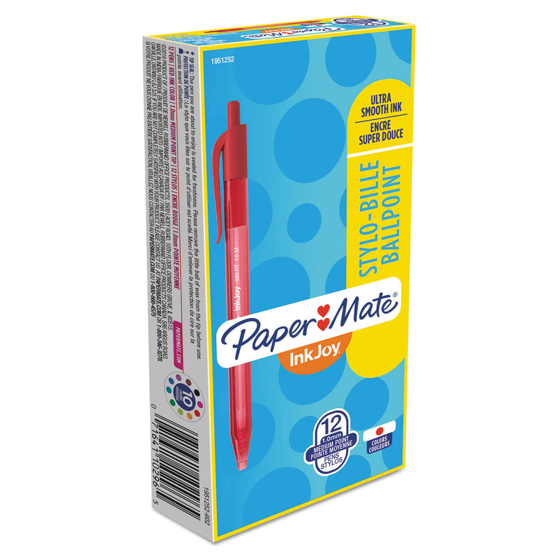 Paper Mate InkJoy 100 RT Ballpoint Pen, Retractable, Medium 1 mm, Red Ink, Red Barrel, Dozen
