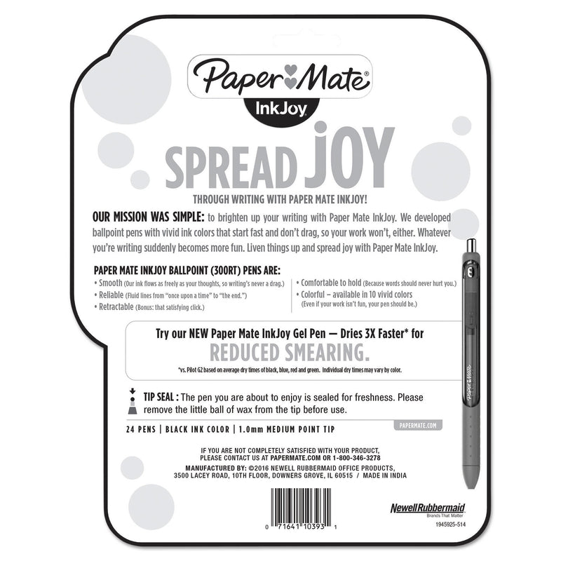 Paper Mate InkJoy 300 RT Ballpoint Pen, Refillable, Retractable, Medium 1 mm, Black Ink, Black Barrel, 24/Pack