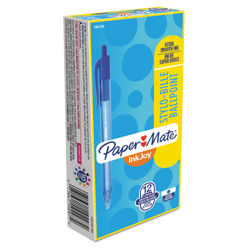 Paper Mate InkJoy 100 RT Ballpoint Pen, Retractable, Medium 1 mm, Blue Ink, Blue Barrel, Dozen