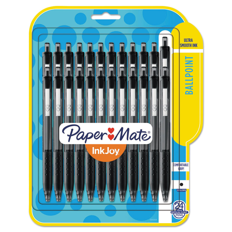 Paper Mate InkJoy 300 RT Ballpoint Pen, Refillable, Retractable, Medium 1 mm, Black Ink, Black Barrel, 24/Pack