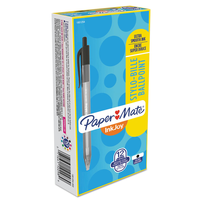 Paper Mate InkJoy 100 RT Ballpoint Pen, Retractable, Medium 1 mm, Black Ink, Black Barrel, Dozen