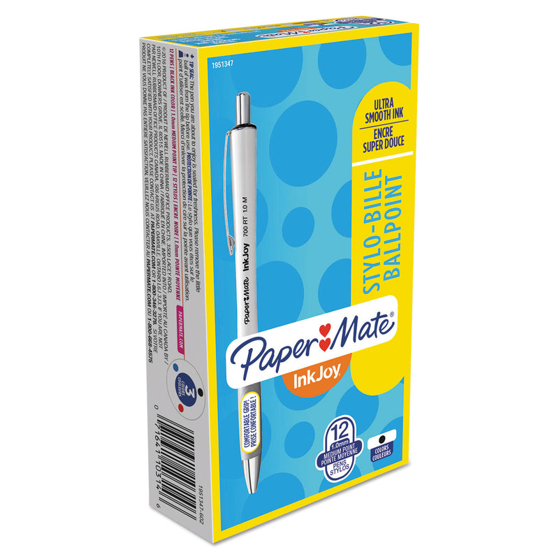 Paper Mate InkJoy 700 RT Ballpoint Pen, Retractable, Medium 1 mm, Black Ink, White Barrel, Dozen