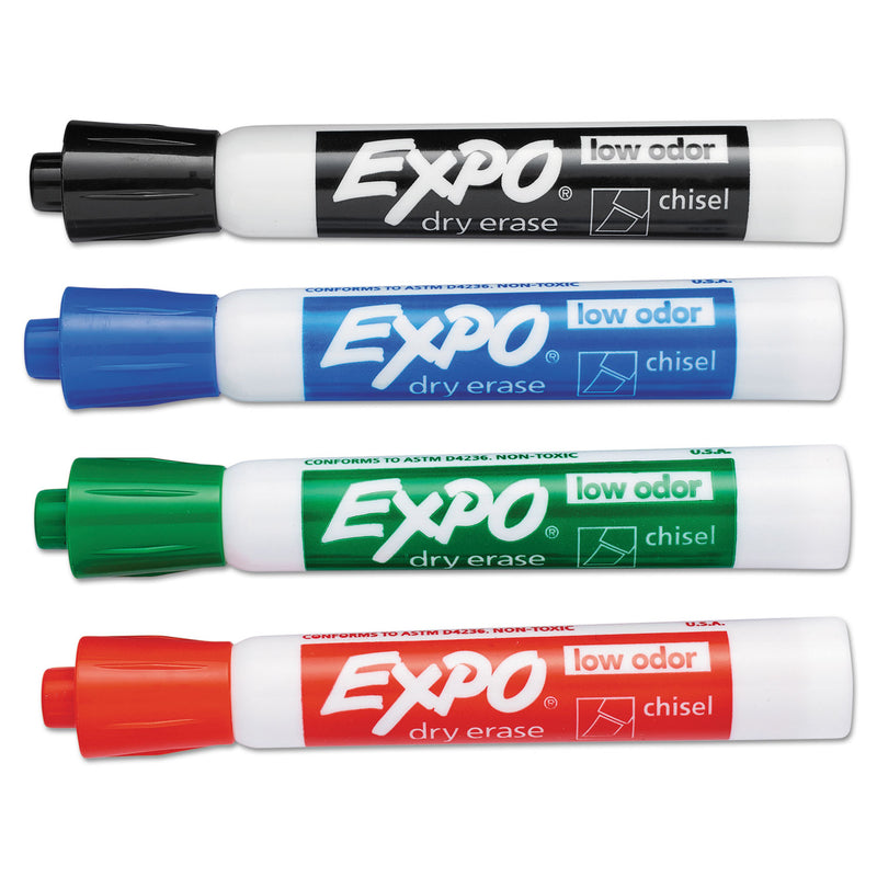 EXPO Low-Odor Dry-Erase Marker, Broad Chisel Tip, Assorted Standard Colors, 4/Set
