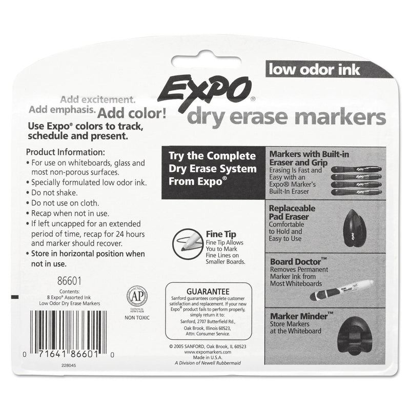 EXPO Low-Odor Dry-Erase Marker, Fine Bullet Tip, Assorted Colors, 8/Set