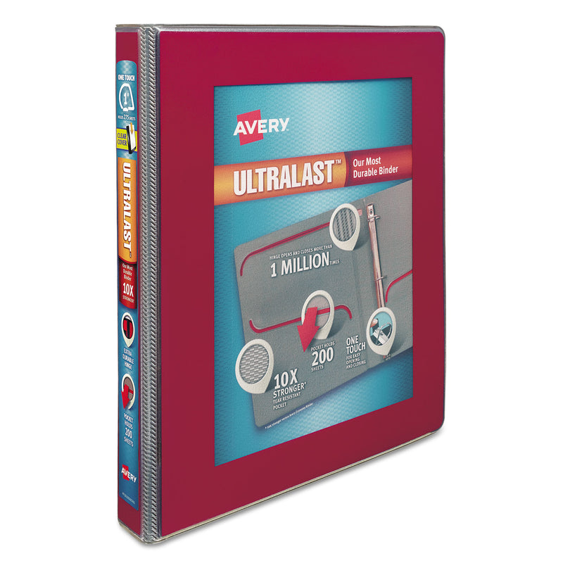 Avery UltraLast Heavy-Duty View Binder with One Touch Slant Rings, 3 Rings, 1" Capacity, 11 x 8.5, Red