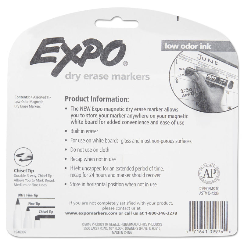 EXPO Magnetic Dry Erase Marker, Broad Chisel Tip, Assorted Colors, 4/Pack