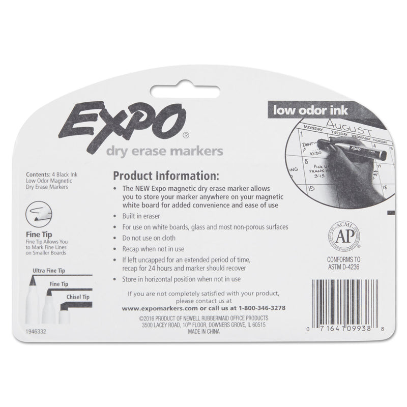 EXPO Magnetic Dry Erase Marker, Fine Bullet Tip, Black, 4/Pack